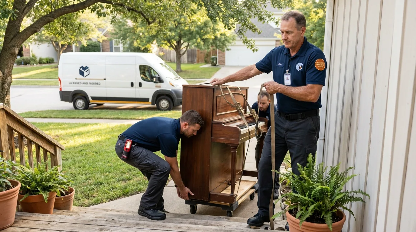 Licensed piano movers securing grand piano in Newaygo, MI