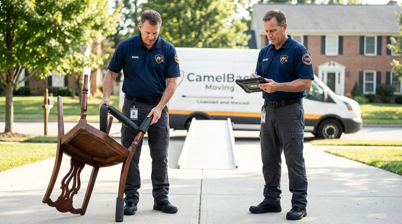 Movers inspecting furniture for damage prevention before loading in Newaygo, MI