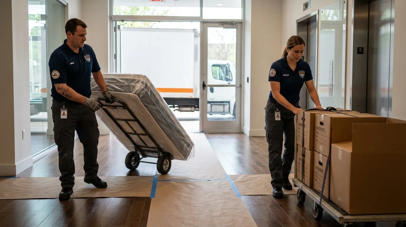 Professional apartment movers loading elevator in Newaygo, MI